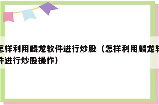 怎样利用麟龙软件进行炒股（怎样利用麟龙软件进行炒股操作）